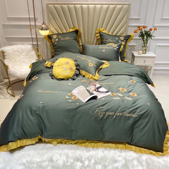 Set Cotton Lụa Thêu Hoa Hướng Dương Hàng Nhập Khẩu 7 Món Cao Cấp