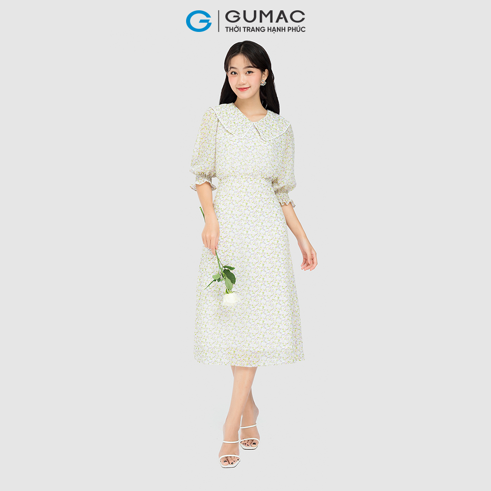 Đầm maxi bâu GUMAC DC08072 viền ren họa tiết hai lớp màu xanh