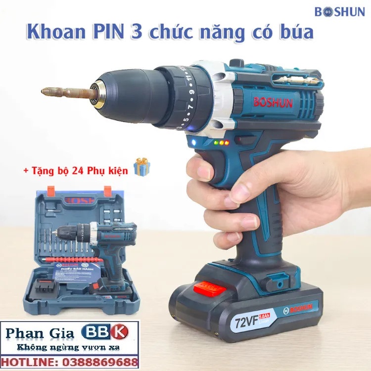 MÁY KHOAN PIN BẮT VÍT BOSHUN 72V CÓ BÚA - 3 CHỨC NĂNG - MOTOR 100% DÂY ĐỒNG - BẢO HÀNH 12 THÁNG