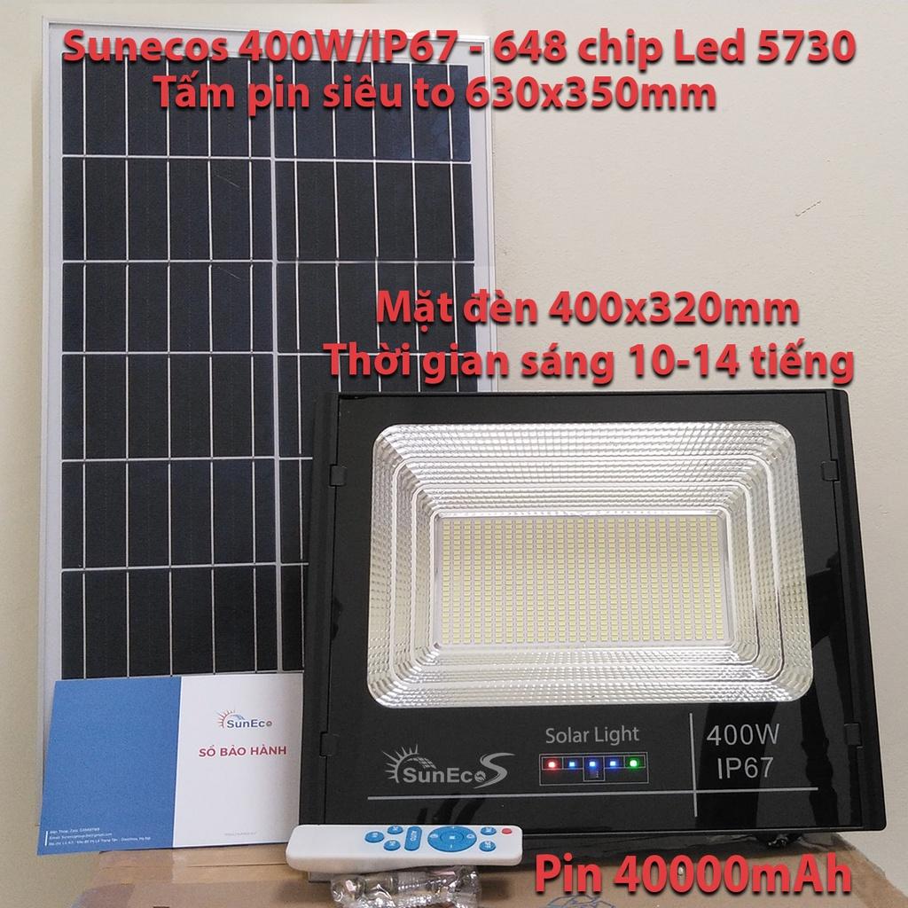 Đèn năng lượng mặt trời 400W Suneco, đèn pha led năng lượng mặt trời có báo dung lượng pin, chống nước IP67, BH 2 năm