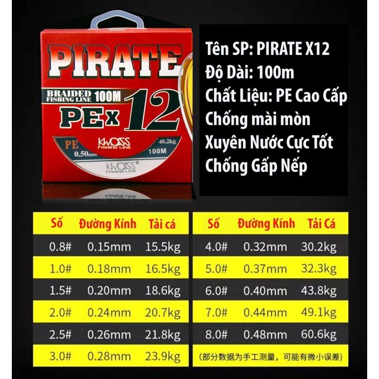 Dây dù câu cá PE X12 PIRATE (12 lõi) 100m Siêu bền Siêu mịn Siêu tải màu xanh lá 2 tầng chống thấm