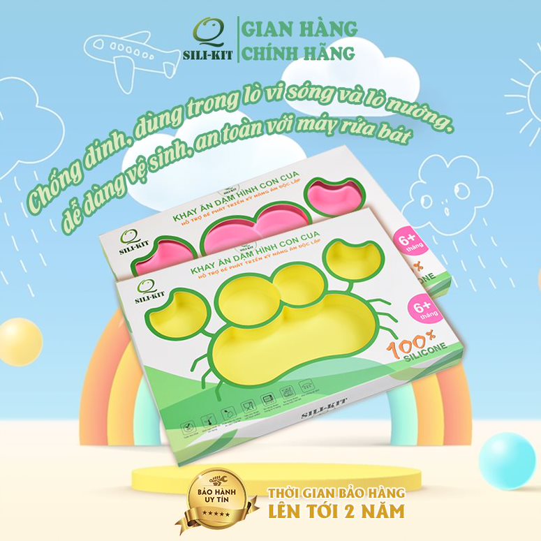 Khay ăn dặm hình con cua chia ngăn, đế hít chân không chống đổ, hỗ trợ bé phát triển kỹ năng ăn độc lập
