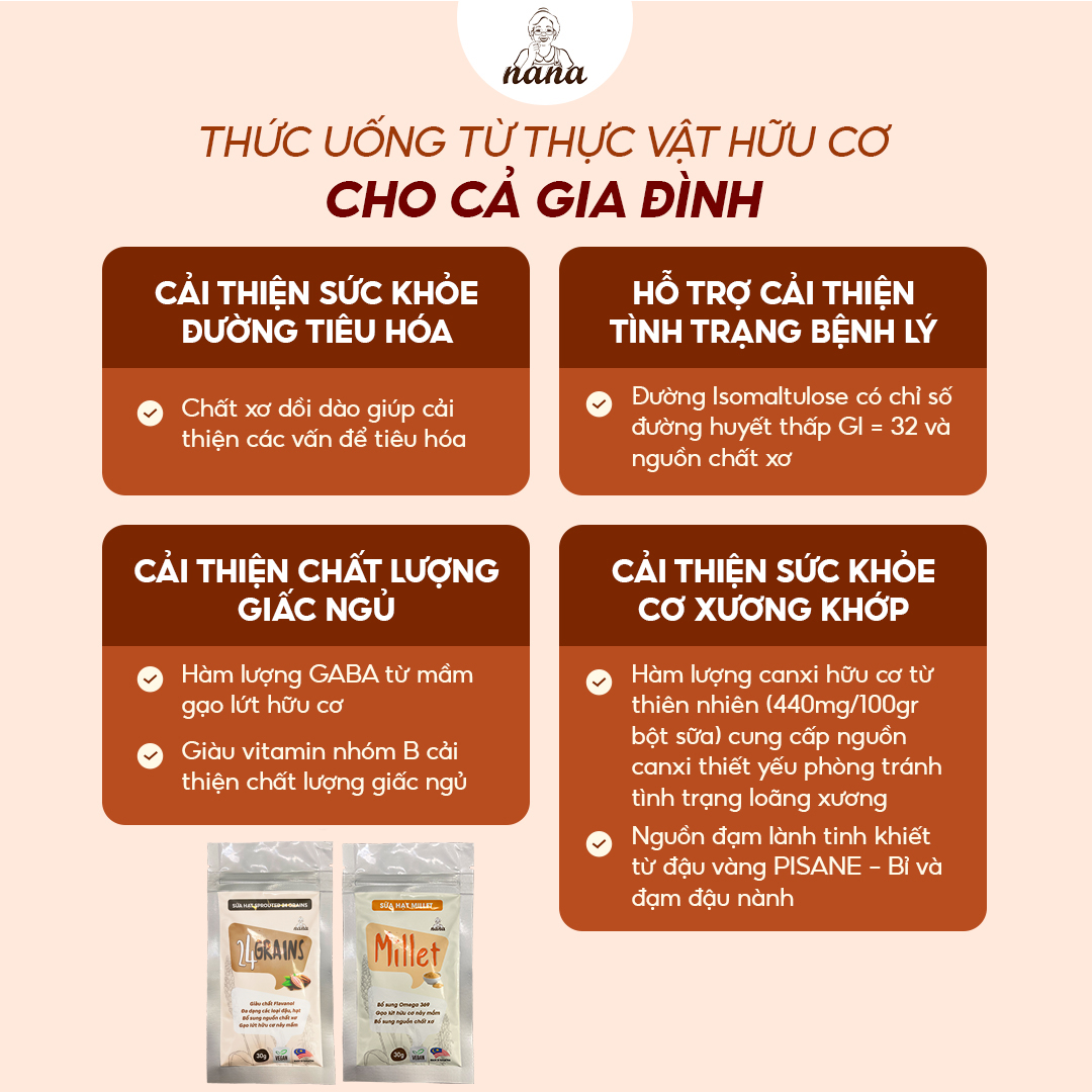 Combo Sữa Hạt Gạo Lứt Hữu Cơ Millet &amp; 24Grains Gói 30g Nana Malaysia Cho Trẻ Từ 3 Tuổi &amp; Người Lớn Bổ Sung Dinh Dưỡng - 24grains