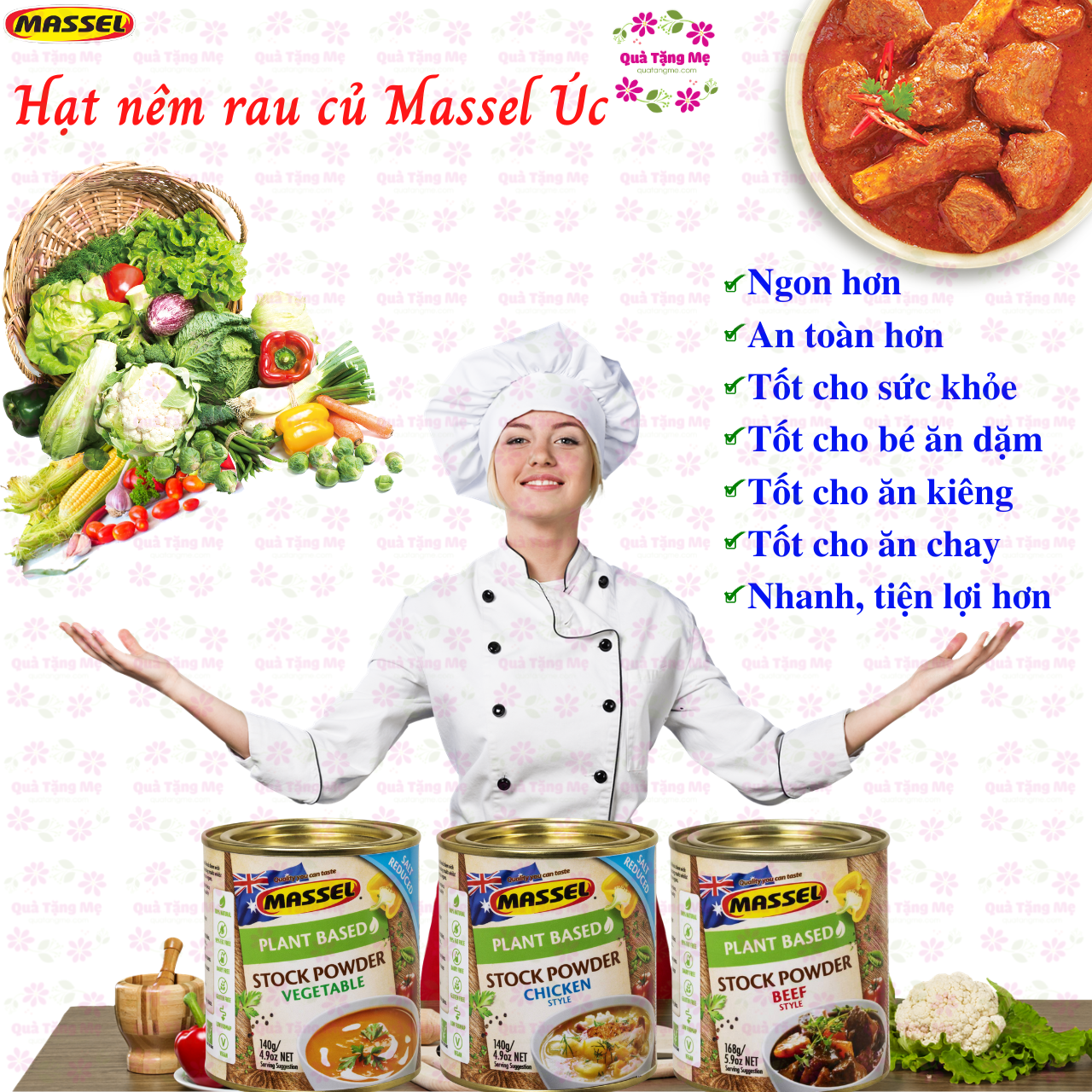 Hạt nêm rau củ Massel Úc 100% từ rau củ thảo mộc bảo vệ sức khỏe, dành cho ăn chay, ăn mặn, ăn kiêng và cho bé ăn dặm - QuaTangMe Extaste