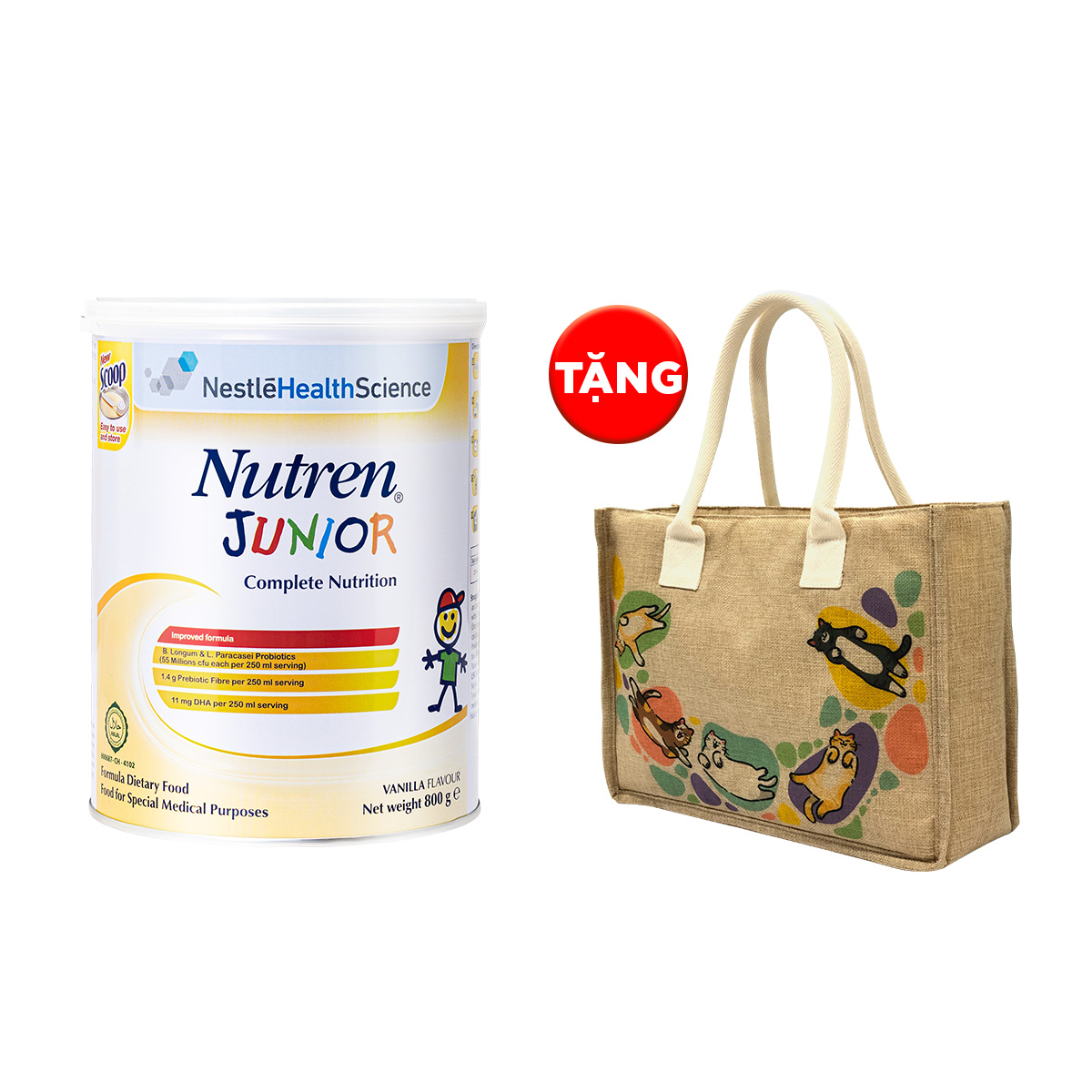 Thực phẩm dinh dưỡng Nutren Junior Thụy Sĩ hỗ trợ tăng cân tiêu hóa tốt cho trẻ từ 1 đến 10 tuổi 800g -  Tặng Túi cói con mèo