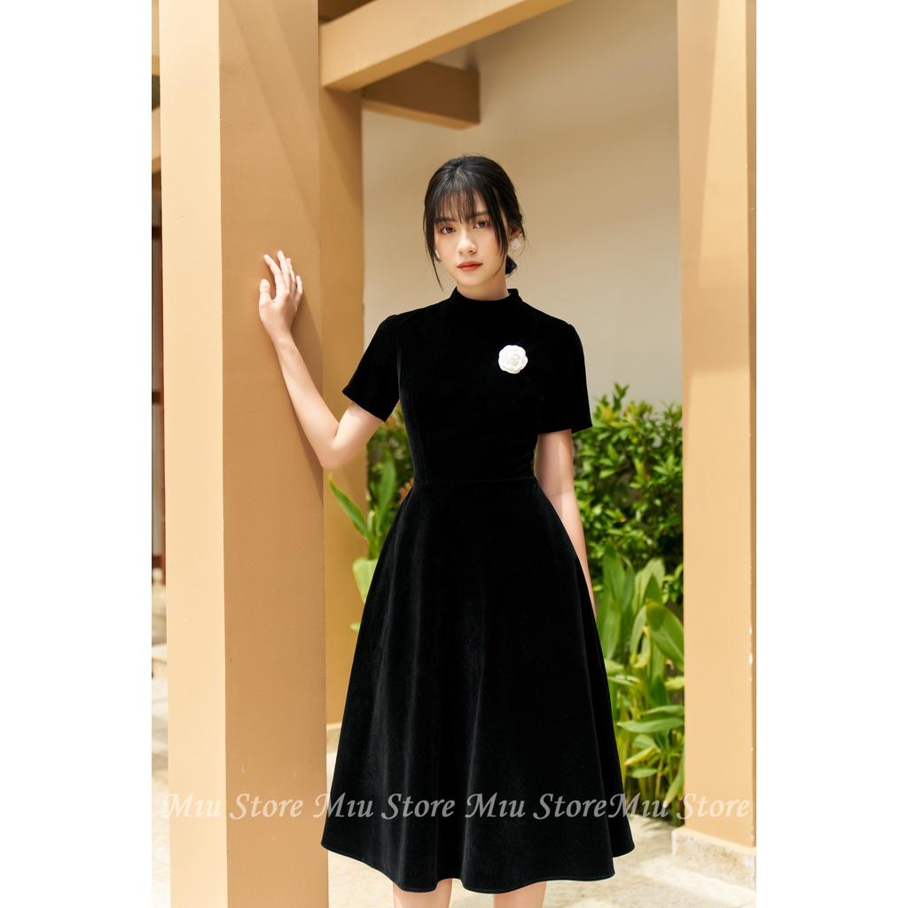 D00597 - Đầm thiết kế cao cấp nhung budodanh cổ tàu tùng xoè Miu Store