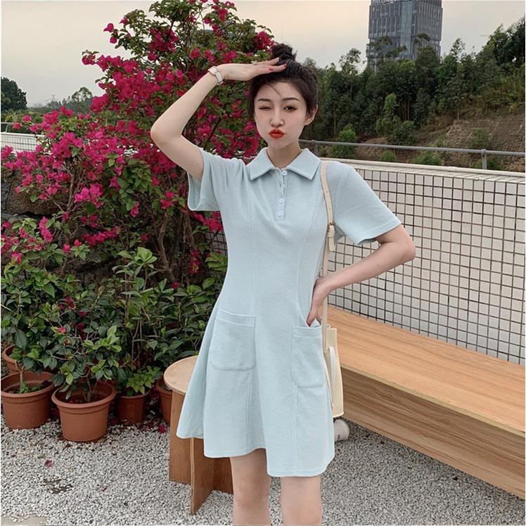 Đầm Polo Nữ Túi Trước Cộc Tay Triết Eo Cổ Bẻ