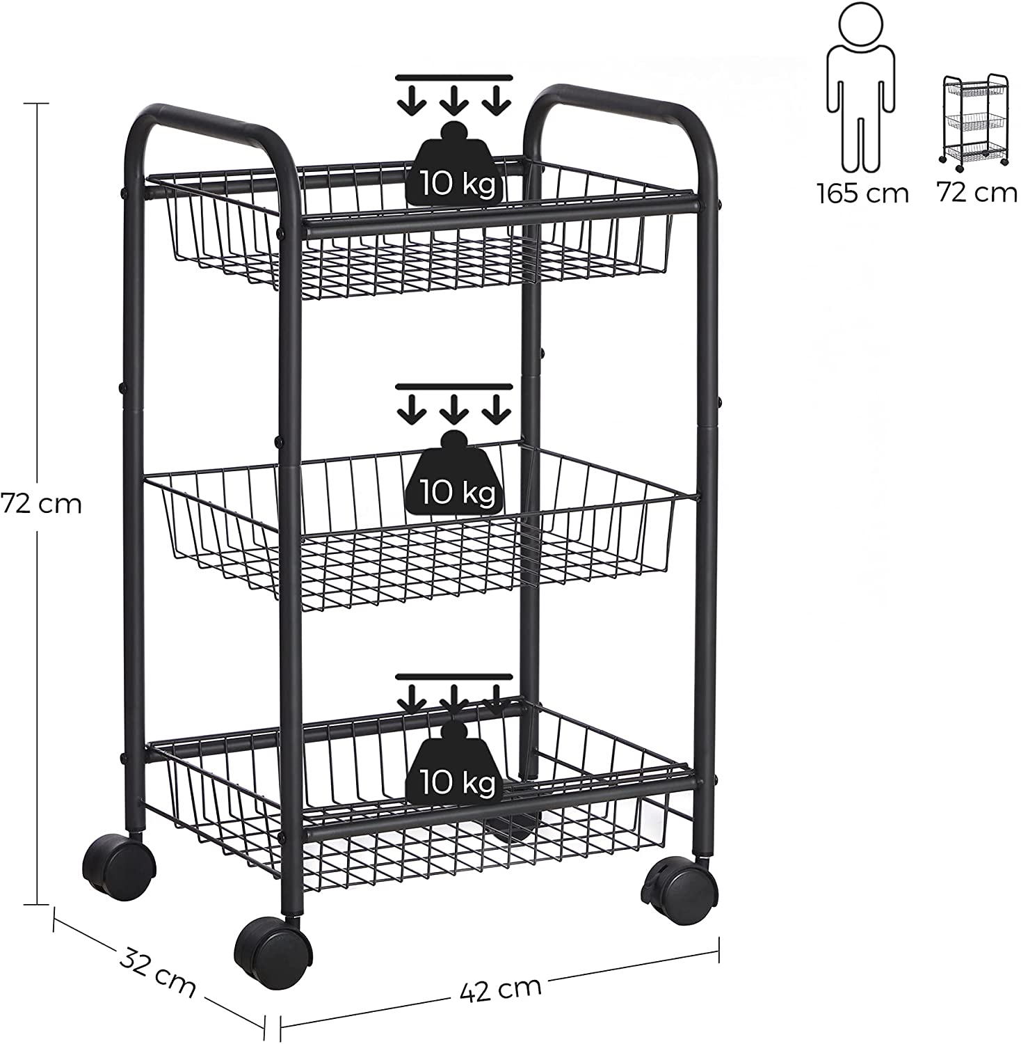 Xe đẩy 3 tầng bằng kim loại có bánh xe tự động đồ để trong nhà bếp và phòng tắm Đơn giản - màu đen - Bảo hành 10 năm