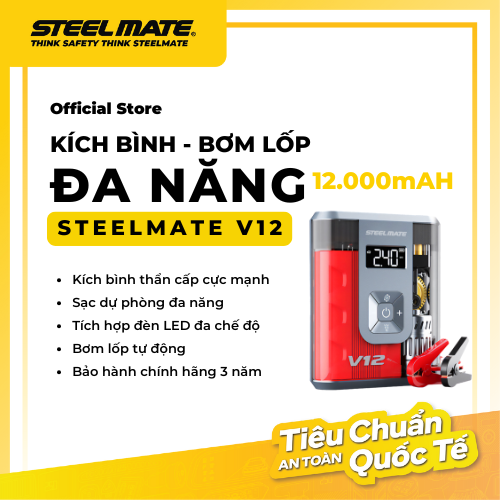 Bơm Lốp &amp; Kích Bình Ô Tô STEELMATE V12 – Hỗ Trợ Động Cơ Xăng 5.0L, Dầu 3.0L, Hiển Thị LCD, Tự Động Ngắt, Bảo Hành 3 Năm
