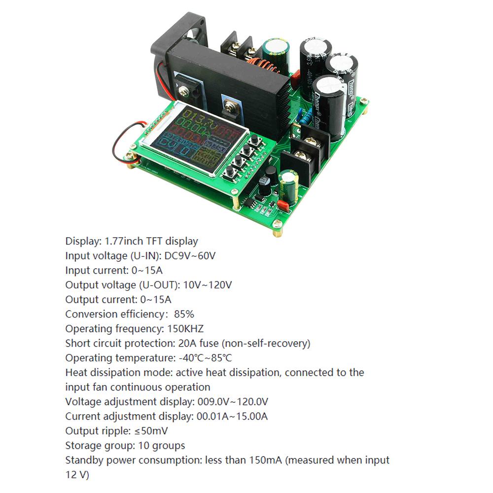 900W Boost Converter Constant Current Constant Voltage Module DC9-60V Input DC10-120V Output Max 15A Current High Precise Voltage Transformer Regulator with 1.77inch TFT Display