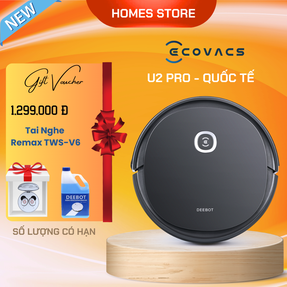 Robot Hút Bụi Lau Nhà ECOVACS Deebot U2 PRO - Bản Quốc Tế Kết Nối App Công nghệ OZMO 2.0 Và Khử Mùi Lực Hút 1500 Pa, Phù Hợp Diện Tích 150m2, Công Suất 26W - Hàng Chính Hãng