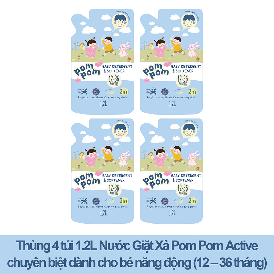 Nước Giặt Xả Pom Pom Active chuyên biệt dành cho bé năng động (12 – 36 tháng) - Thùng 4 Túi 1,2L