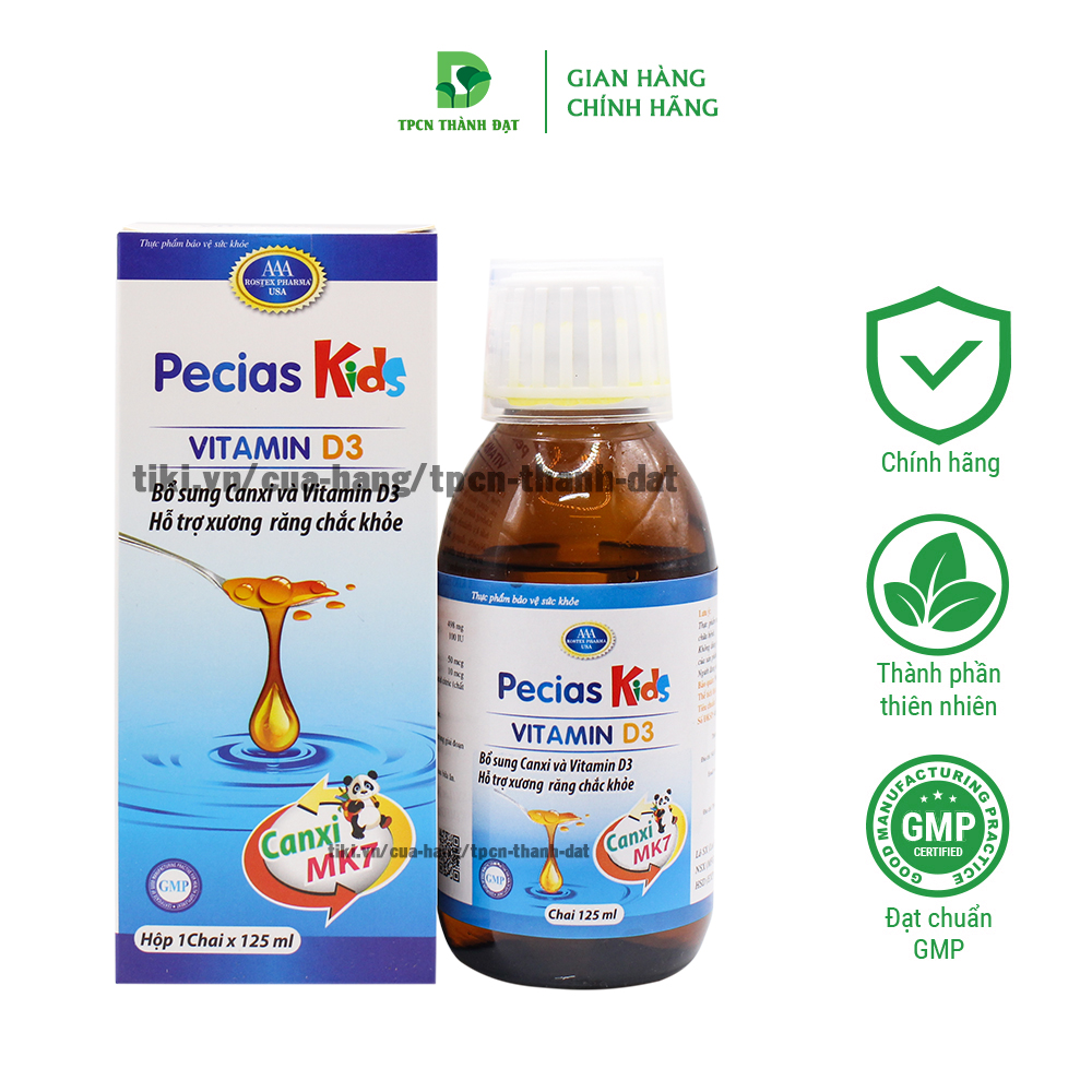 Siro Pecias Kids bổ sung Canxi, Vitamin D3 K2 MK7 hỗ trợ phát triển chiều cao, chắc khỏe xương răng - Chai 125ml