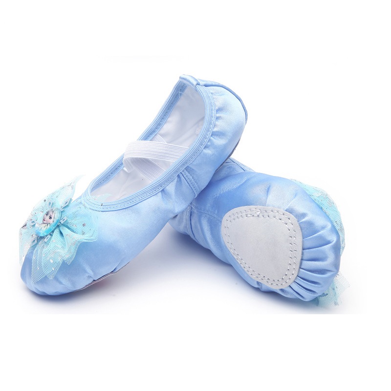 Giày ballet cao cấp vải satin đính nơ tuyết công chúa Elsa màu xanh da trời