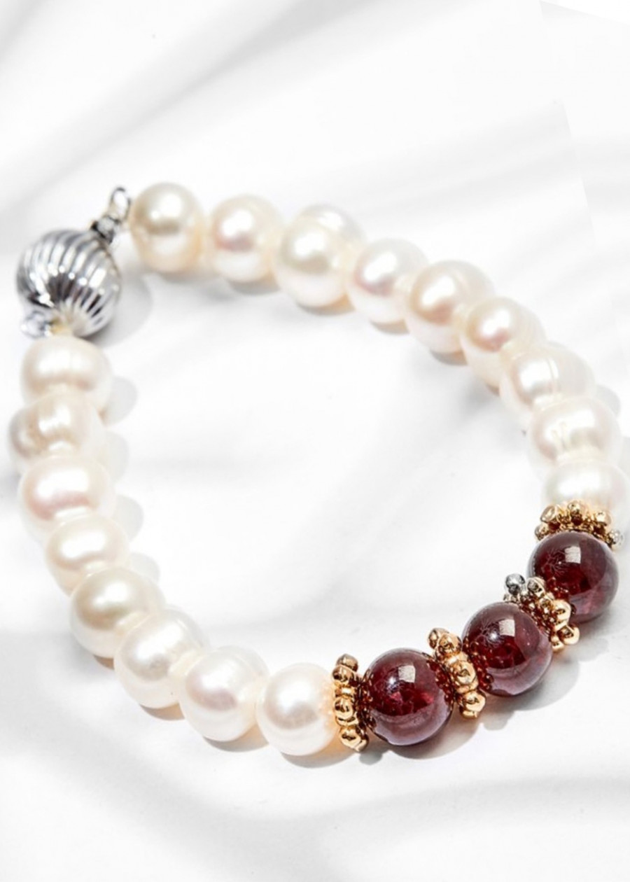 Vòng Tay Ngọc Trai Hồng Đá Hồng Thạch Lựu Garnet Tự Nhiên