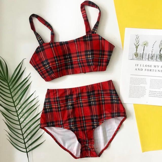 Bikini đồ bơi 2 mảnh cạp cao đỏ caro