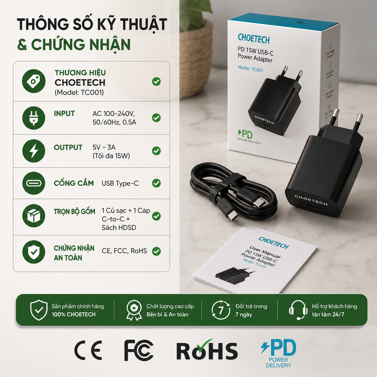 Bộ Củ Sạc Nhanh CHOETECH TC001 PD 3.0 15W Type-C | Tặng Cáp Type-C Sạc Nhanh An Toàn Pin Chip IC Thông Minh Cho iPhone Samsung Xiaomi OPPO Vivo cho iPad Tai Nghe Pin Dự Phòng - Hàng nhập khẩu