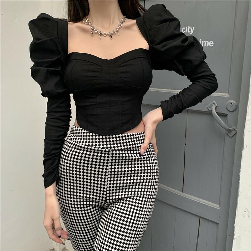 Áo kiểu nữ, áo croptop tay bồng cổ vuông sexy tay dài BUBUSHOP