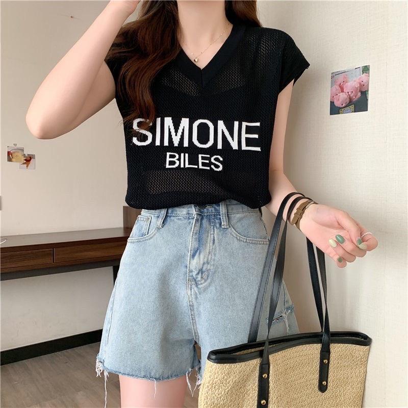 Áo lưới len Montoghi dệt kim in chữ SIMONE BILES tay hến cổ V hàng Quảng Châu xinh xắn