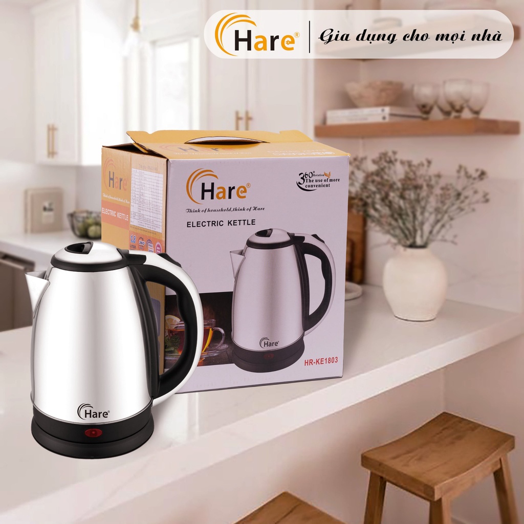 Ấm đun siêu tốc HR-KE1803 (1.8L) - hàng chính hãng thương hiệu Hare - bảo hành 12 tháng