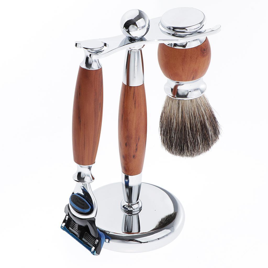 Zinc Alloy + Wood Mens Shaving Kit Gift Set W/5 Layer Blade Razors Brush & Stand Holder