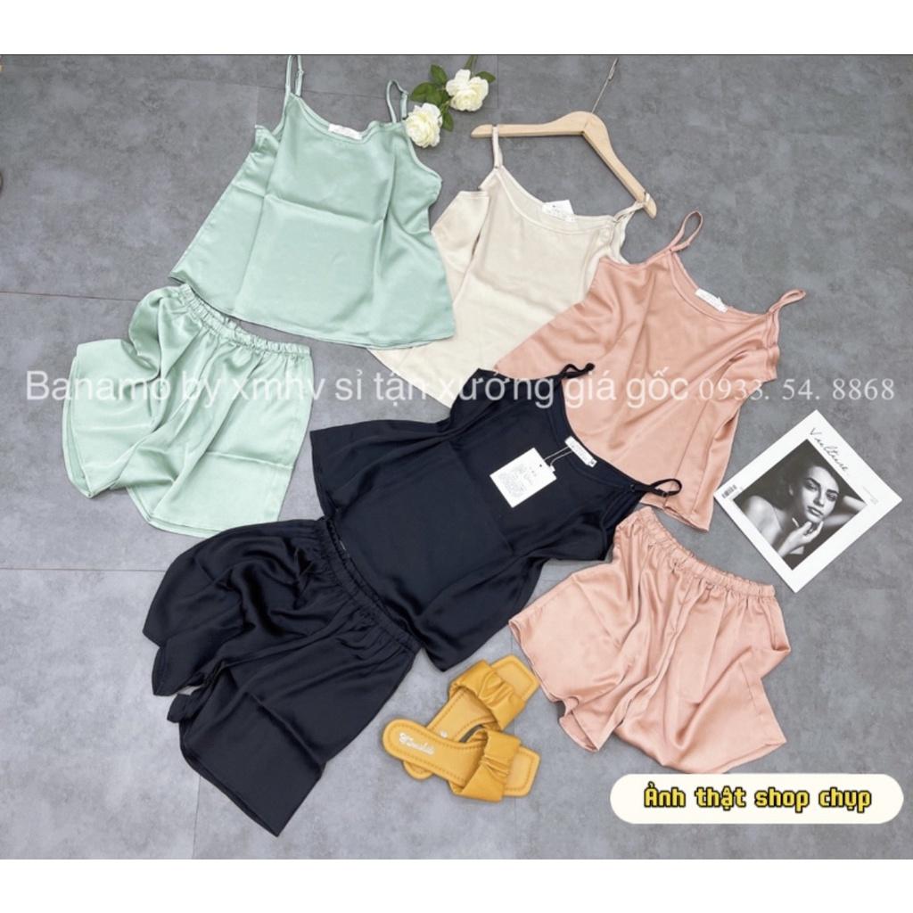 Bộ lụa 2 dây Banamo Fashion chất lụa trơn cao cấp thời trang, set lụa hai dây mặc nhà 173