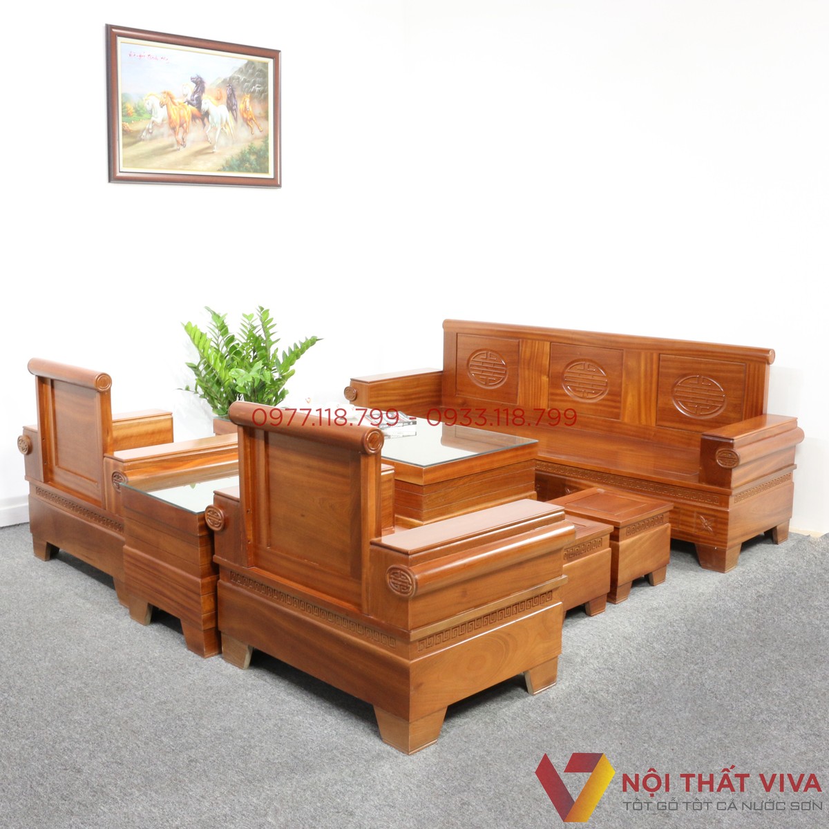 Bộ Sofa Đối Tay Cuốn Gỗ Xoan Đào Truyền Thống