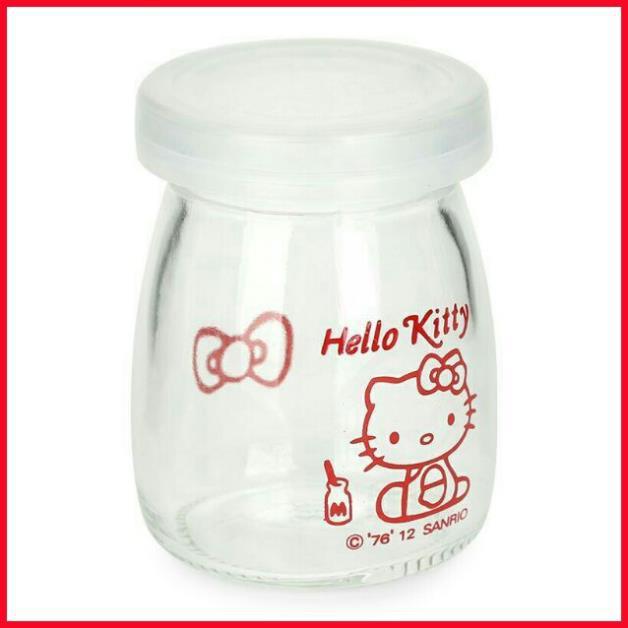 Bộ 12 hũ thủy tinh làm sữa chua 100ml , có nắp đậy, in hình Hello Kitty