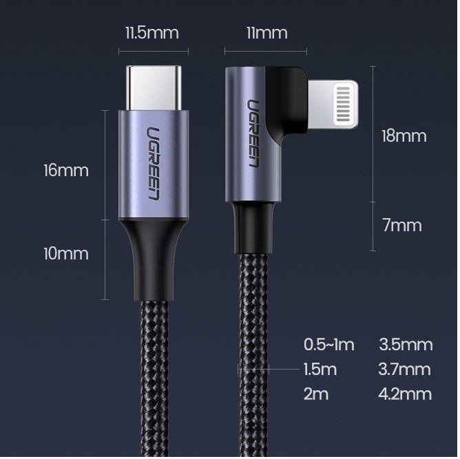 Ugreen UG60764US305TK 1.5M đầu lightning bẻ 90 độ có chip MFI ra cáp USB type C màu đen - HÀNG CHÍNH HÃNG