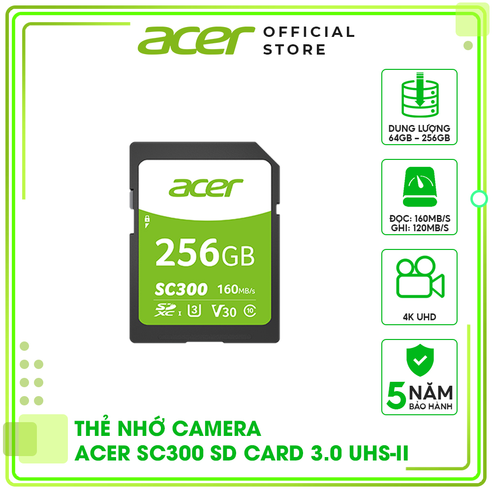 Thẻ nhớ cho camera Acer SD Card SC300 4K UHS-II - Hàng chính hãng