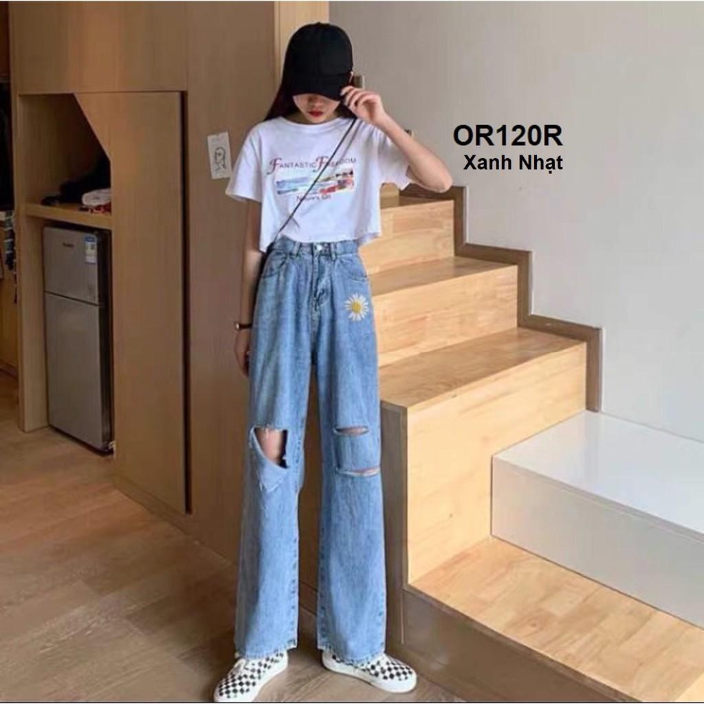 Quần jean ống rộng Simple thiêu hoa cúc - OR120