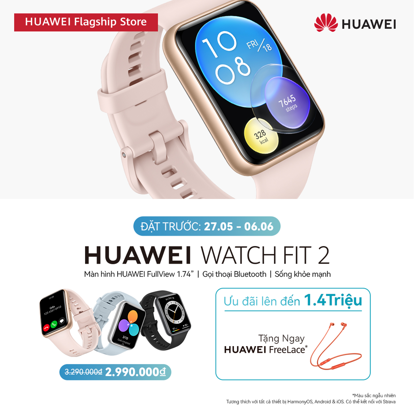 Đồng Hồ Thông Minh HUAWEI WATCH FIT 2 | Màn hình HUAWEI FullView 1.74”| Gọi thoại Bluetooth | Sống khỏe mạnh | Hàng Chính Hãng