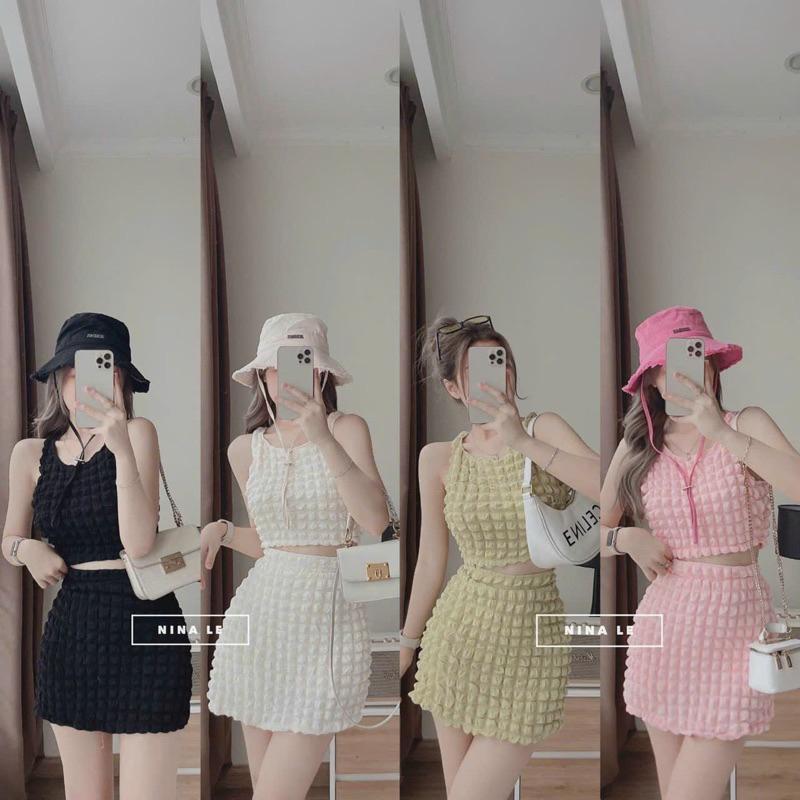 Sét áo 3 lỗ cổ tròn phom ngắn kèm chân váy