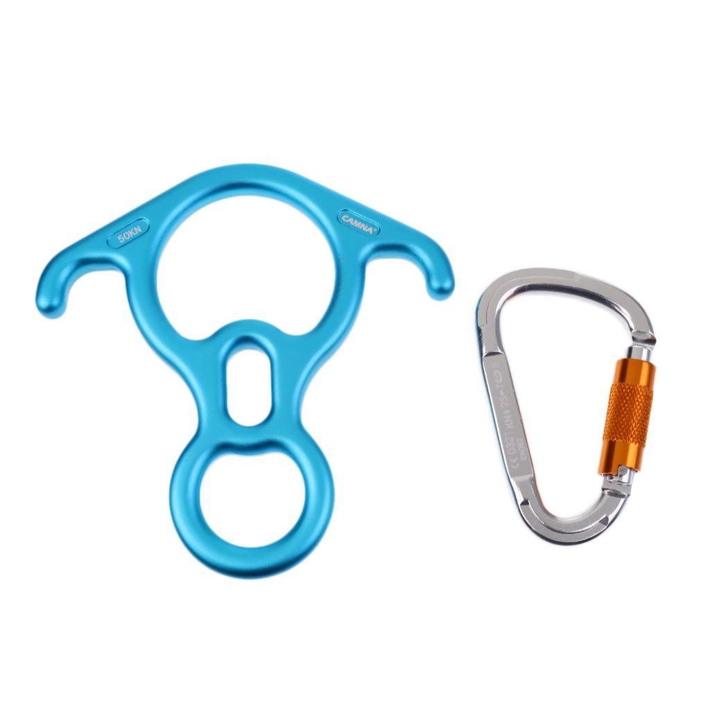 50KN Safety Figure 8 Descender Belay Device + 25KN D-Shape Carabiner Hook for Outdoor Rock Climbing