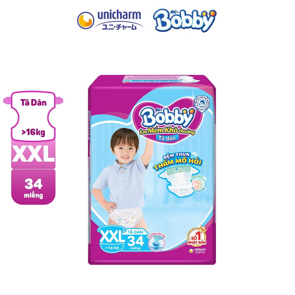 Tã/Bỉm Dán Bobby Êm Mềm – Khô Thoáng Jumpo XXL34 - Lõi Nén Thần Kỳ 3mm (Trên 16 kg)