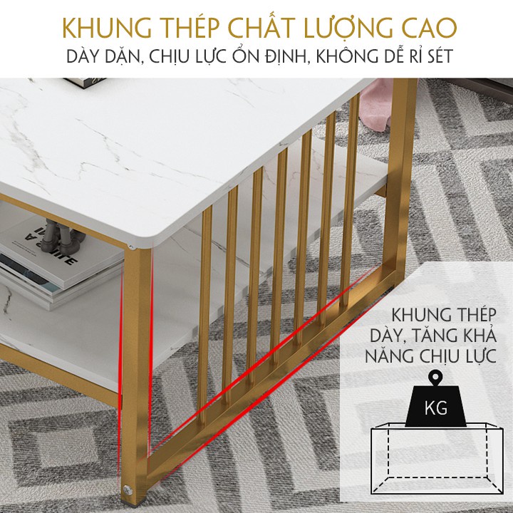 Bàn trà sofa ANA phòng khách mặt bàn họa tiết vân đá cẩm thạch 2 tầng khung thép chân sơn nhũ vàng mã SF01