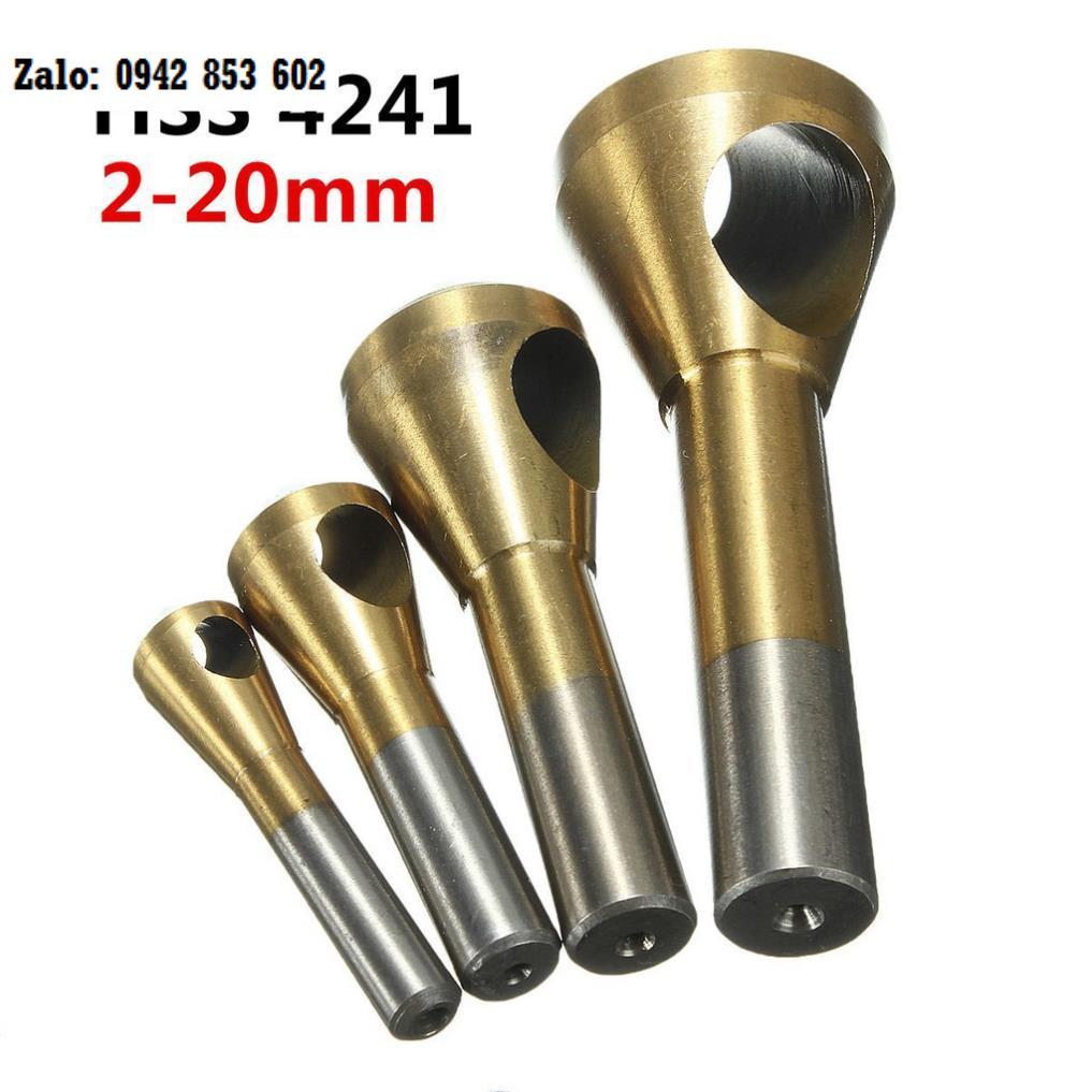 BỘ 4 MŨI DOA LỖ KIM LOẠI HSS 4241 ĐẦU NÓN LỖ PHAY XIÊN PHỦ TITANIUM