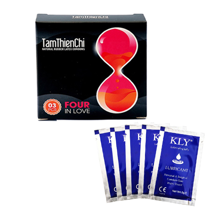 Bao cao su bi chấm kéo dài Tâm Thiện Chí Four In Love (hộp 3 cái) và 5 gói gel KLY 5ml/gói