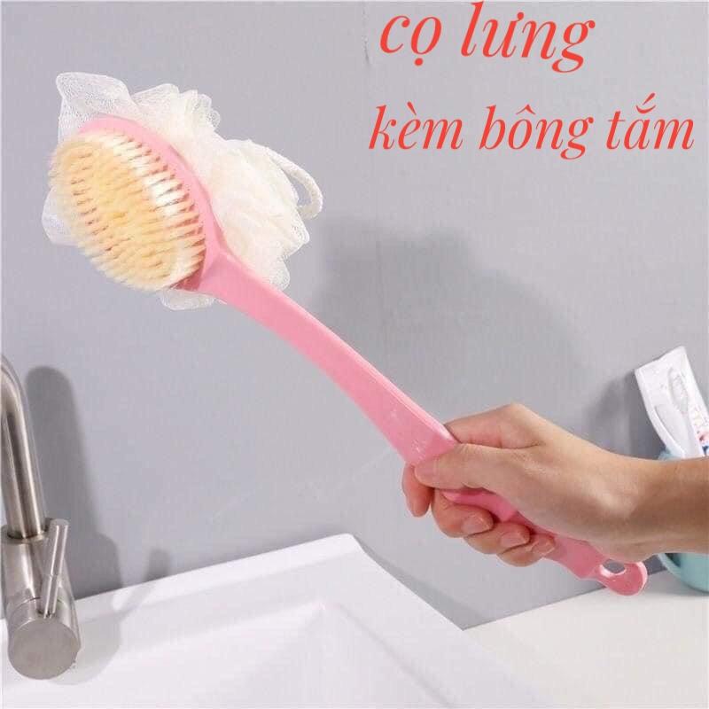 Cọ lưng kèm bông tắm tạo bọt 2 mặt, cây cọ lưng cán dài cầm tay 1mặt tẩy da chết 1 mặt tạo bọt