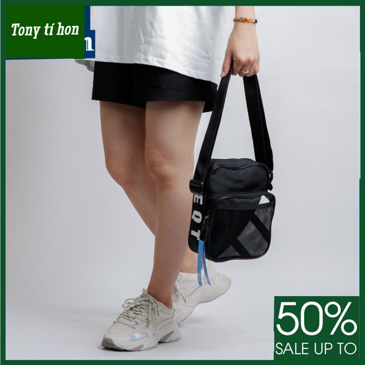 Tony tí hon - Túi đeo chéo EQT phụ liệu xịn chống thấm logo add in mặt trước phối lưới - màu đen