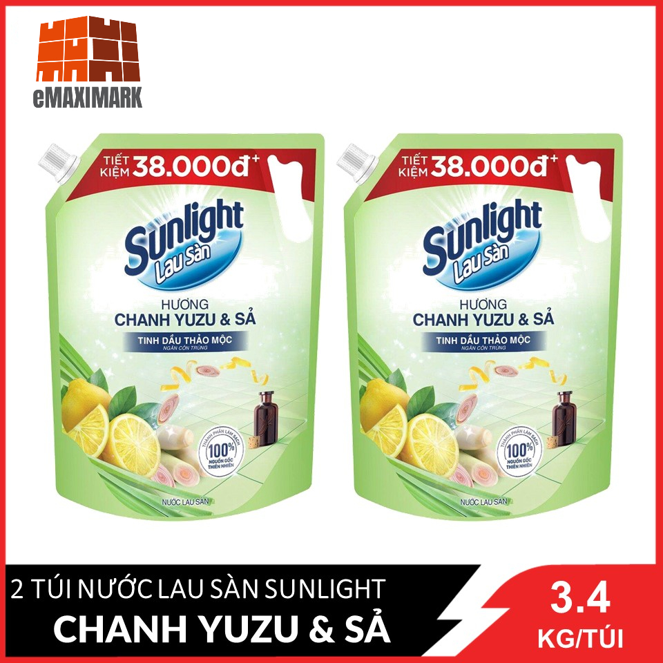 Combo 2 Nước lau sàn Sunlight Thiên nhiên chiết xuất Chanh Zuzu &amp; Sả túi 3.4Kg x2