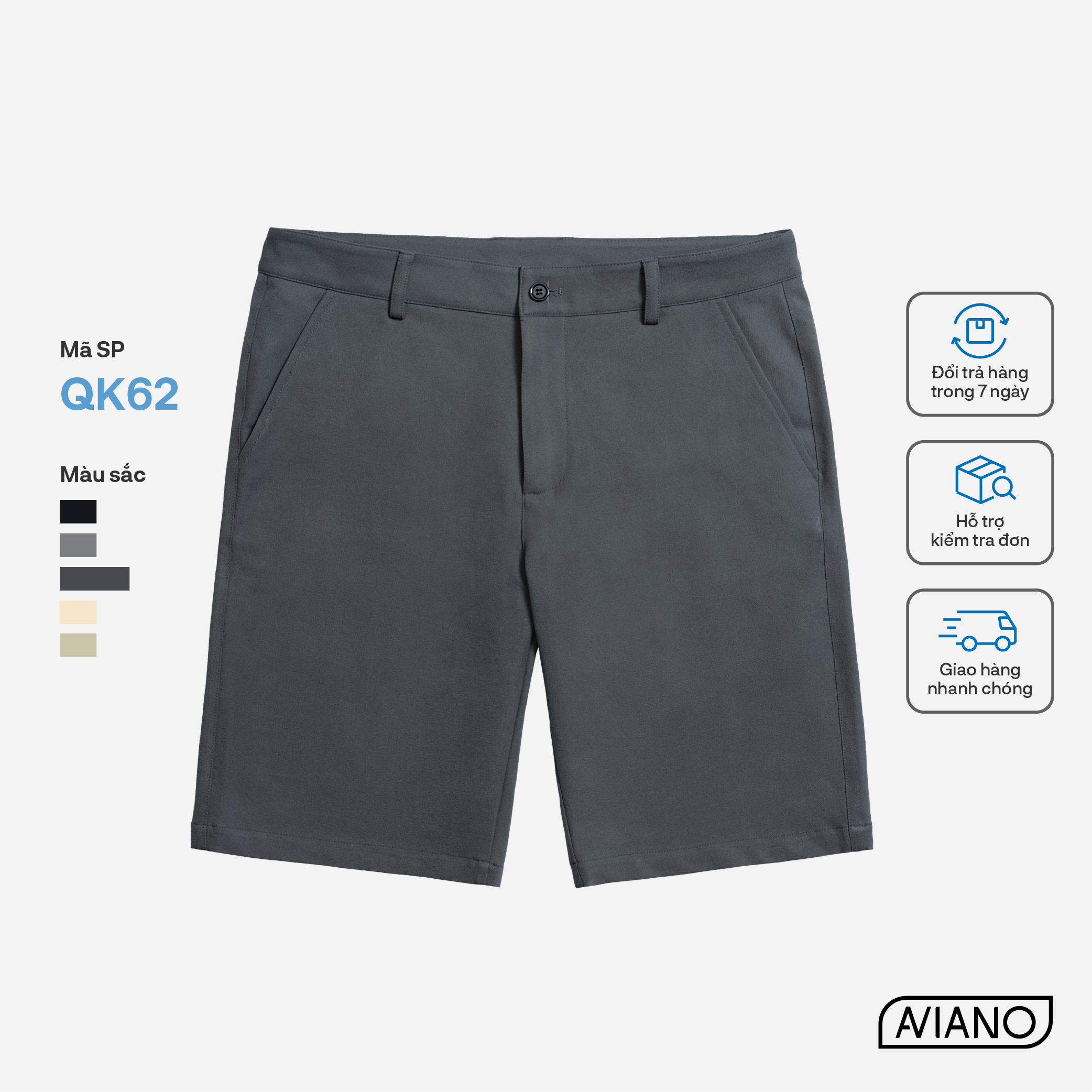 Quần Short Nam AVIANO Vải Kaki, Quần Đùi Nam Cạp Cúc Màu Basic