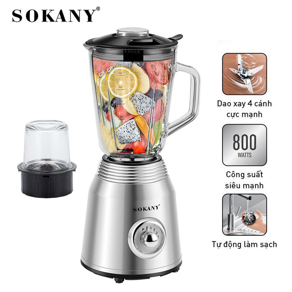 Máy xay sinh tố SOKANY công suất cực lớn 800W có 2 bộ cối dao sử dụng xay hoa quả, xay thực phẩm đa năng - SK186B - HÀNG CHÍNH HÃNG - DELIYA