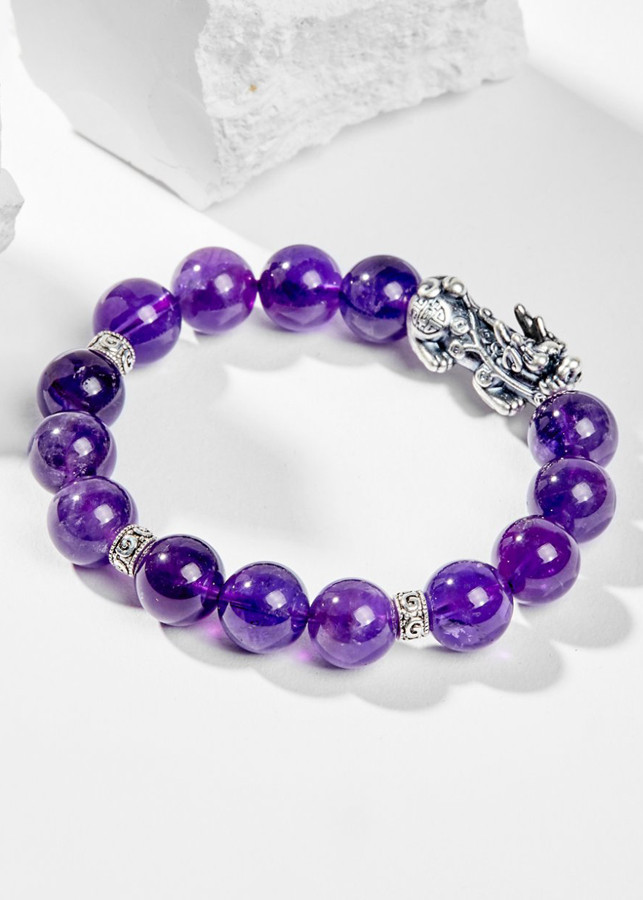 Vòng Tay Phong Thủy Đá Thạch Anh Tím Phối Charm Tỳ Hưu Bạc Mệnh Hỏa, Thổ Ngọc Quý Gemstones