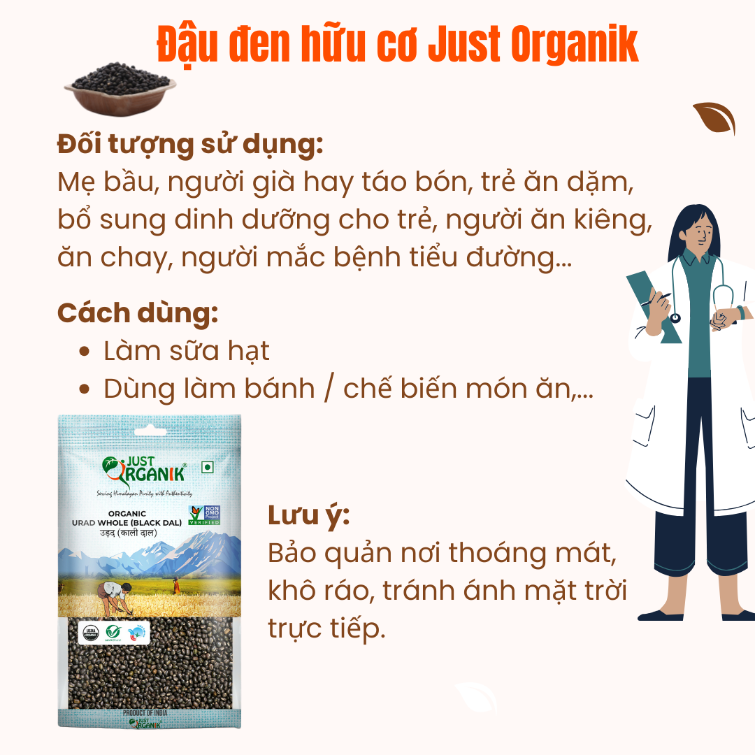 Đậu Đen Hữu Cơ Just Organik Nhập Khẩu Ấn Độ Giống Không Biến Đổi Gen Nguyên Liệu Nấu Chè Làm Sữa 500g