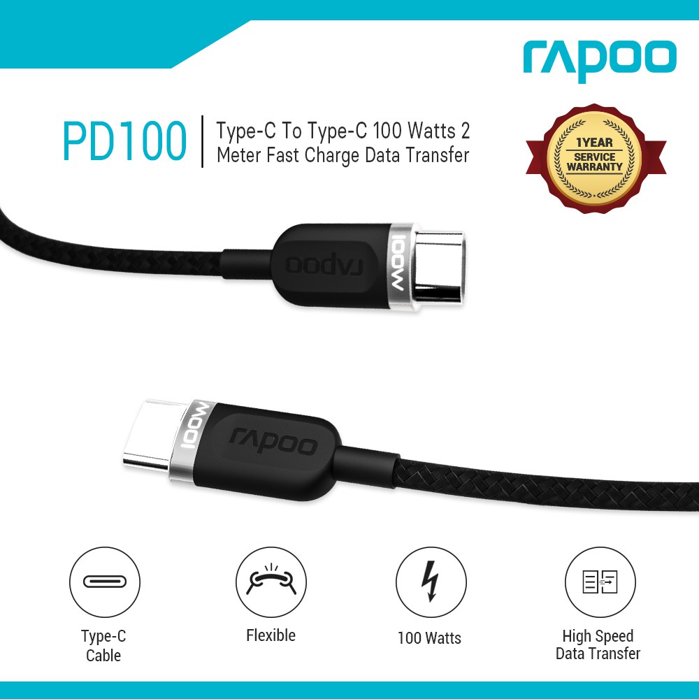 Dây Cáp Sạc Nhanh USB Type C to Type C Dài 2M Chuyên Sạc Macbook, Laptop, Smartphone Rapoo PD100 - Hàng Chính Hãng