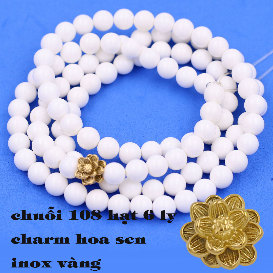 Bộ Vòng Chuỗi, Tràng Hạt 108 Hạt 6 Ly Đá San Hô Trắng Charm Hoa Sen Inox - Tràng Chuỗi Niệm Phật - An Yên - Thịnh Vượng - May Mắn - Tài Lộc - Bình An