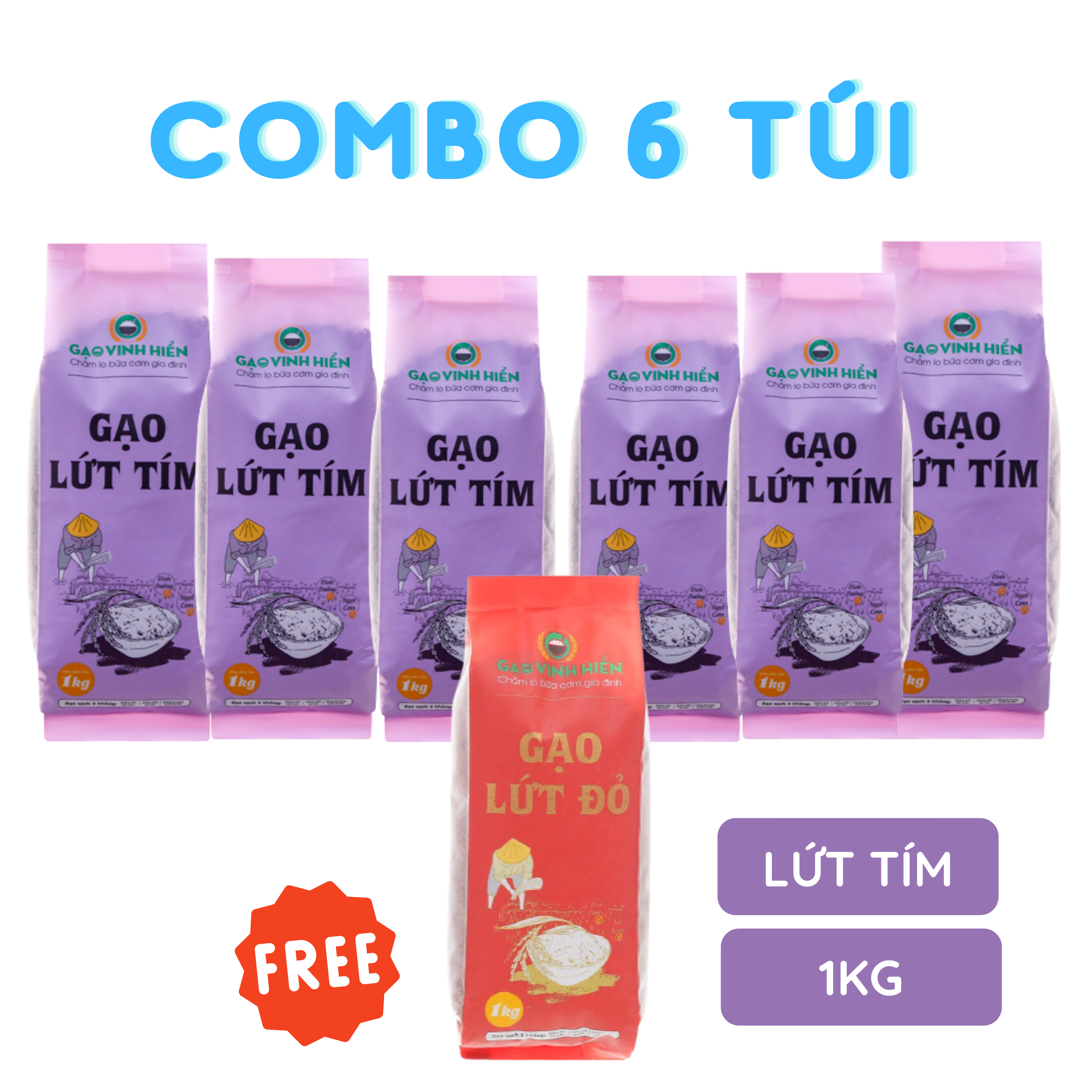 Combo 6 túi Gạo Lứt Tím Vinh Hiển 1kg tặng thêm 1 túi Lứt Đỏ 1kg - Ngọt Cơm, Dinh Dưỡng