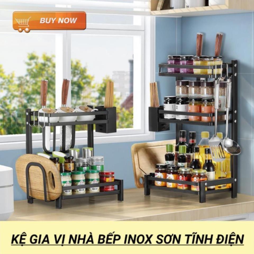 Kệ Đựng Gia Vị INOX Sơn Tĩnh Điện Chống Rỉ Cao Cấp 2, 3 Tầng Bản Đầy Đủ h15
