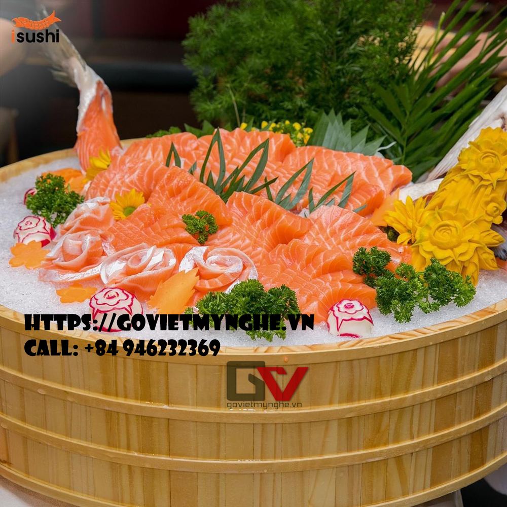 Thố gỗ đánh cơm Sushi _ Thố gỗ trang trí Sashimi Φ 50cm - Cao 15cm - Gỗ thông tự nhiên - KHÔNG NẮP